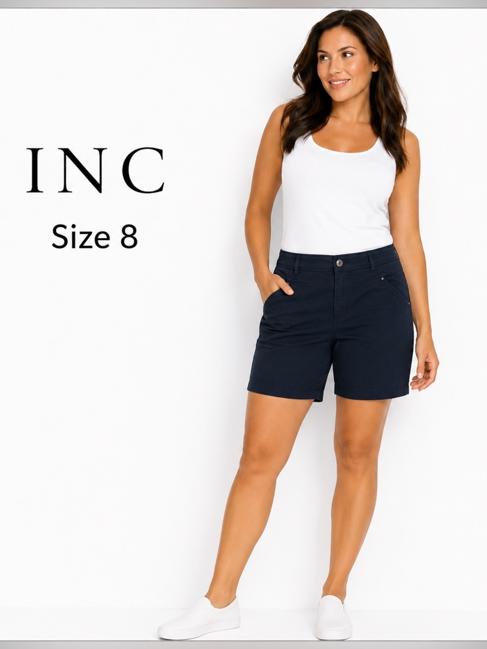 INC women navy blue stretchy coastal summer comfort shorts/size 8